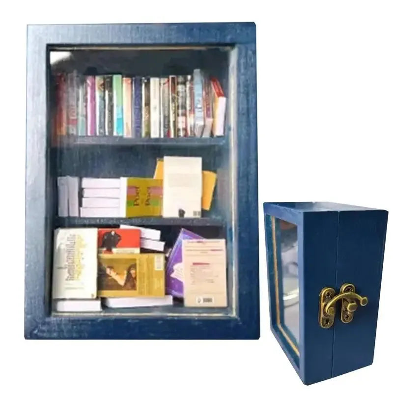 Mini wooden bookshelf with 60 mini books, 10x8x5cm, on a desk as stress relief decor