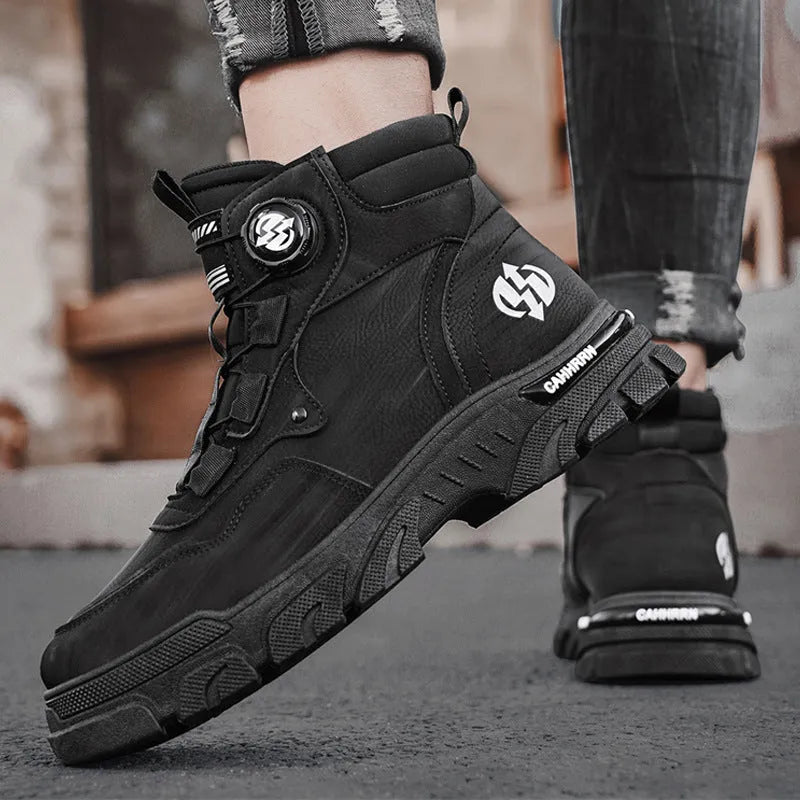 Men's non-slip thick bottom high-top casual shoes in black with artificial PU upper and low heel