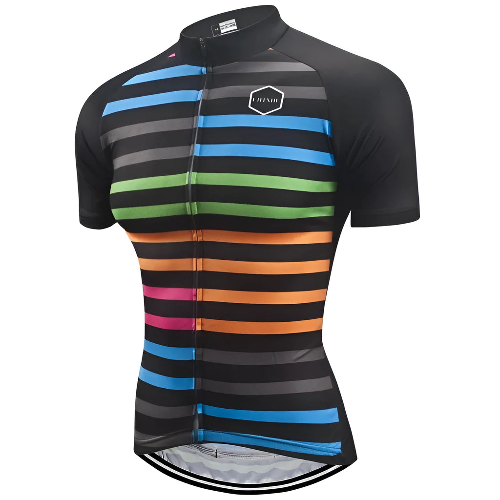 Short sleeve striped cycling jersey with three back pockets on a white background