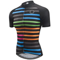 Short sleeve striped cycling jersey with three back pockets on a white background