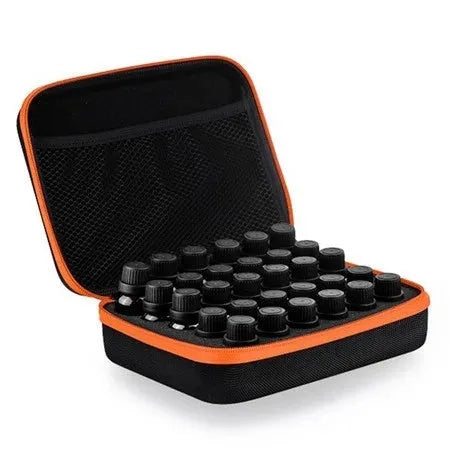Red EVA cube-shaped bag with 30 compartments for 15ml essential oil bottles, shown with zipper open.