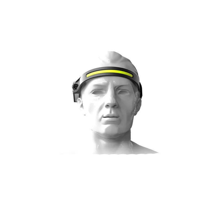 Black silicone USB rechargeable LED headlamp with side wave sensor, showing wide beam and long-range lighting.
