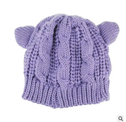 Handmade wool knitted beanie with 3D cat ears in multiple colour options