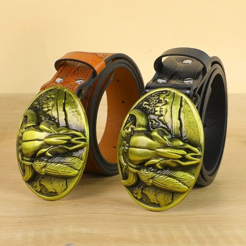 Men's belt with detailed cow head alloy buckle on imitation leather strap with pin buckle fastening