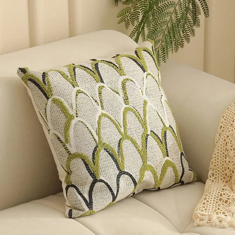Close-up of a beige and green floral Jacquard woven cushion cover with textured pattern, 45cm square.
