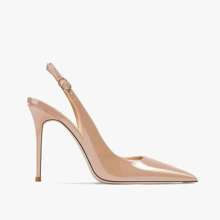 Women's nude soft PU leather ankle-strap high heels with hollow design detail