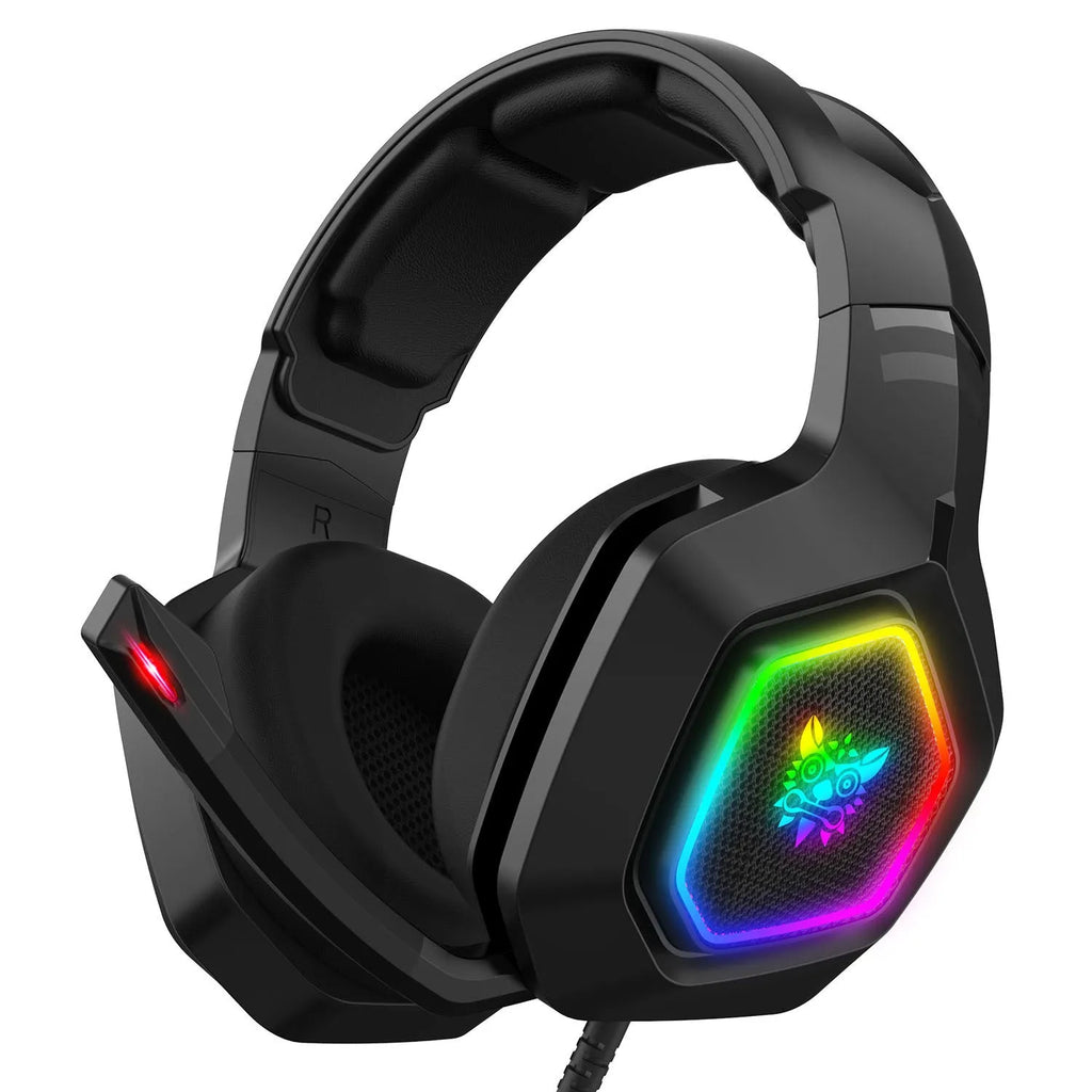 Black wired gaming headset with imitation protein leather earmuffs and 3.5mm plug on headset stand