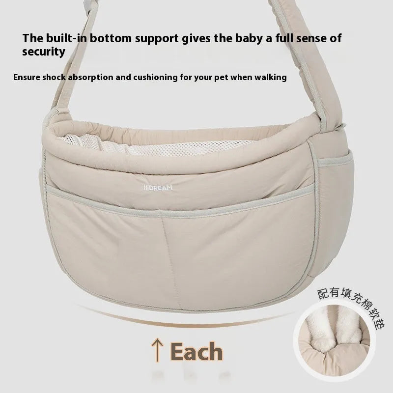 Portable outdoor nylon pet messenger bag for small pets under 6kg in Almond Custard colour with adjustable strap