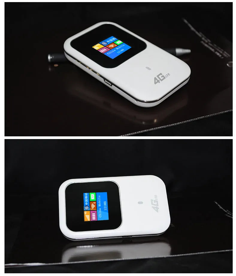 Portable 4G LTE WiFi router with black casing, built-in antenna, and 2400mAh rechargeable battery