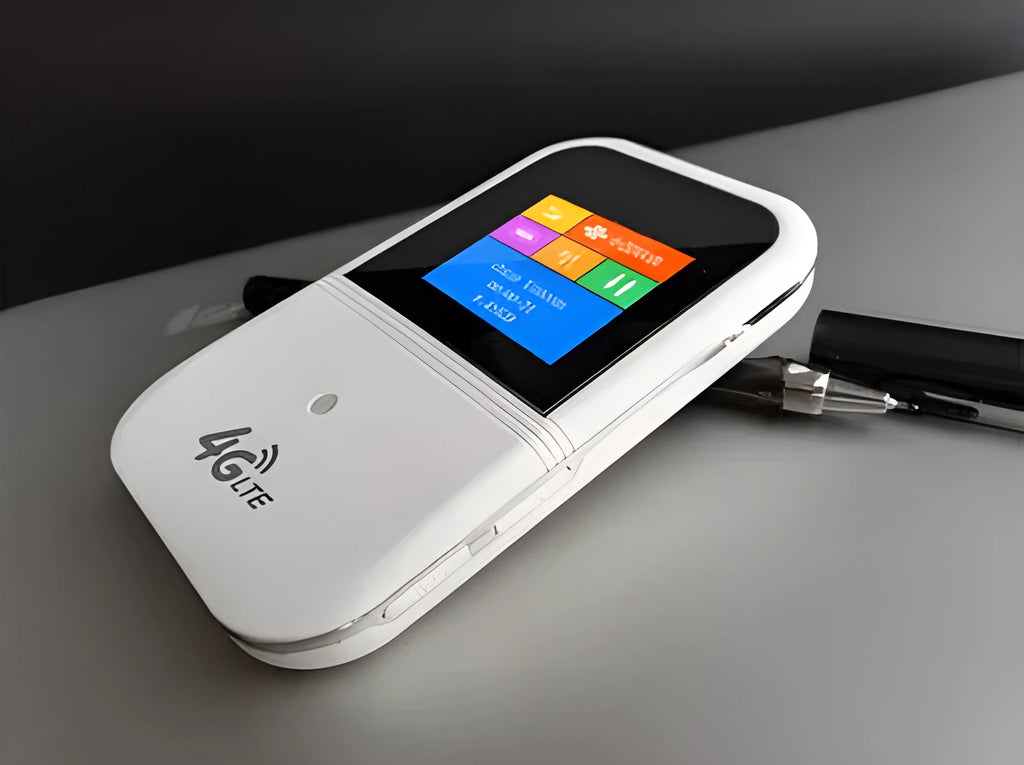 Portable 4G LTE WiFi router with black casing, built-in antenna, and 2400mAh rechargeable battery