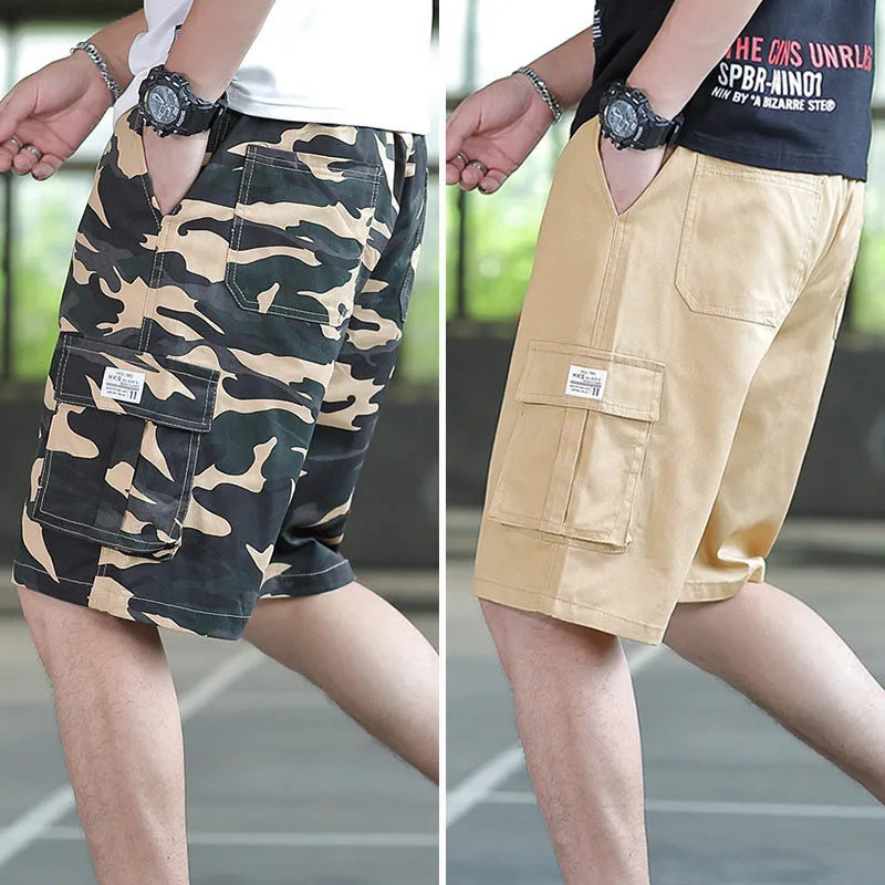 Man wearing loose-fit khaki casual trousers, showing the Korean style and thin fabric texture.
