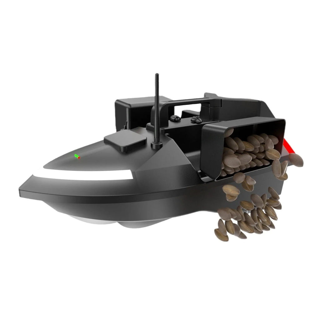 Black and luminous yellow remote control GPS fishing boat with LED light on calm water.