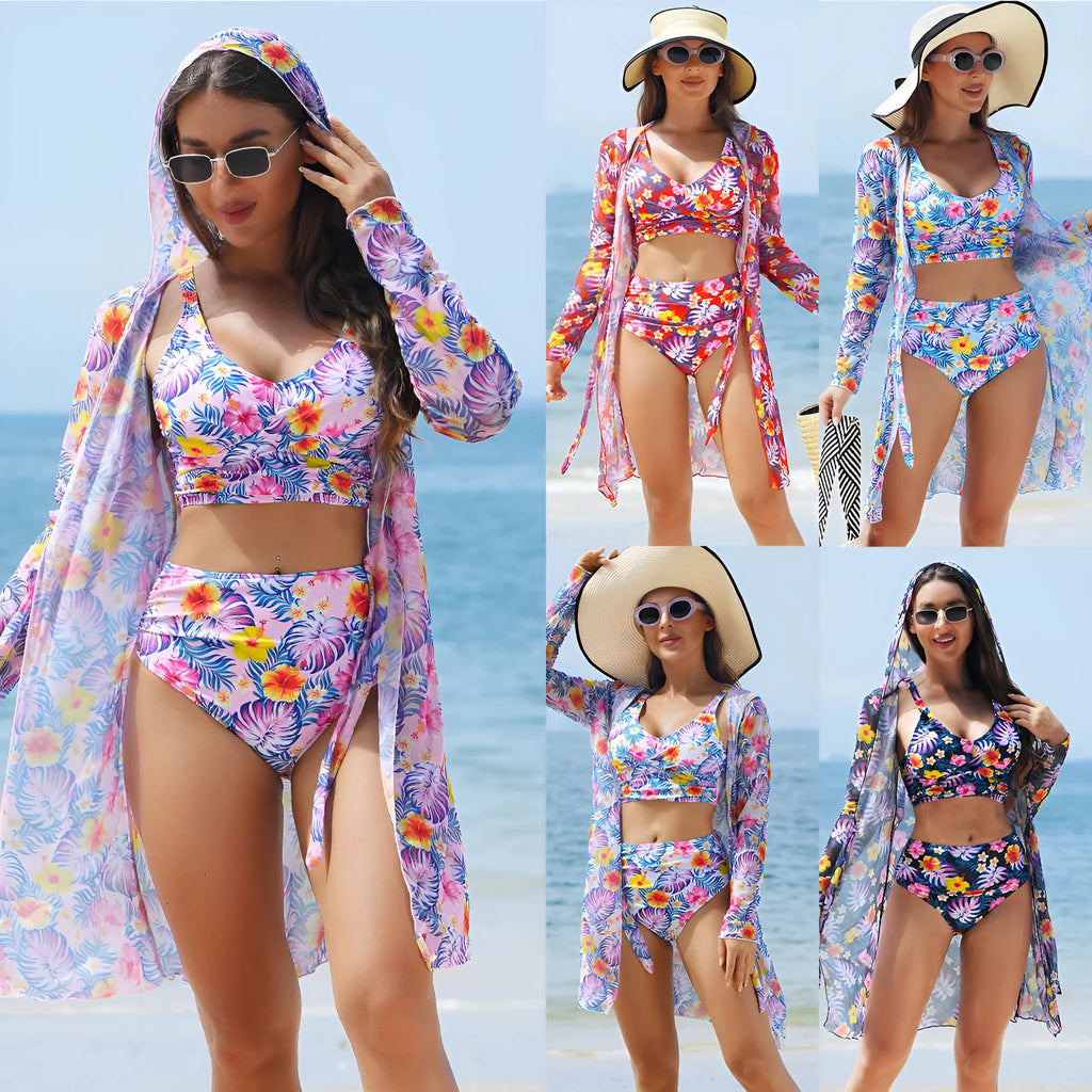 Multicolor printed bikini three piece swimsuit set in polyester with top, pants, and coat