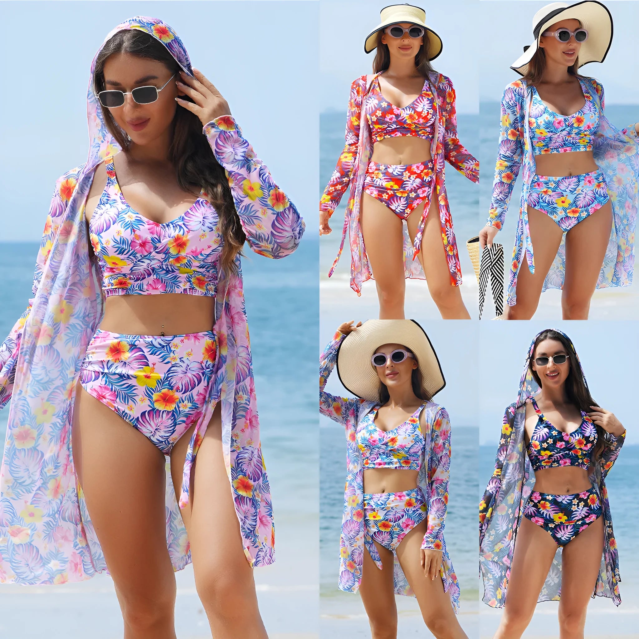 Multicolor printed bikini three piece swimsuit set in polyester with top, pants, and coat
