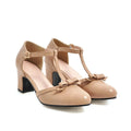 Women's chunky heel sandals with bow tie decoration and hollow out detail in apricot colour
