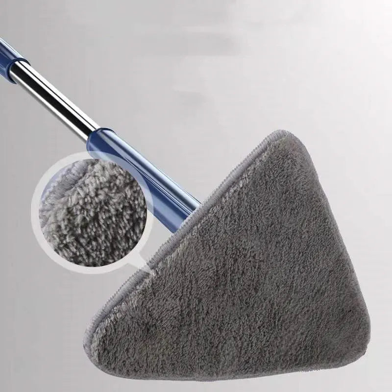 Blue triangle cleaning mop with rotating head and extendable stainless steel pole on a tiled floor