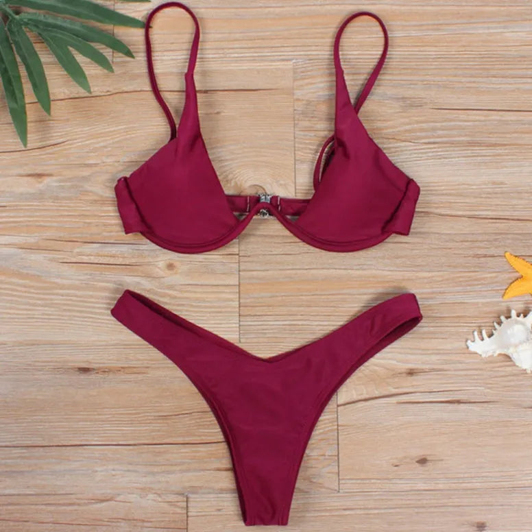 Multi-Color optional bikini swimsuit with strip steel belt and chest pad, available in 15 colours, solid colour open back design