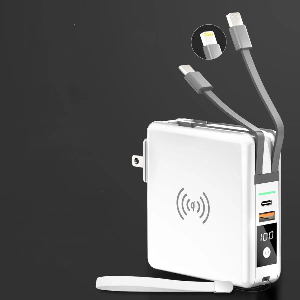 Super QI PD20W fast power bank in black with international travel plug attachments