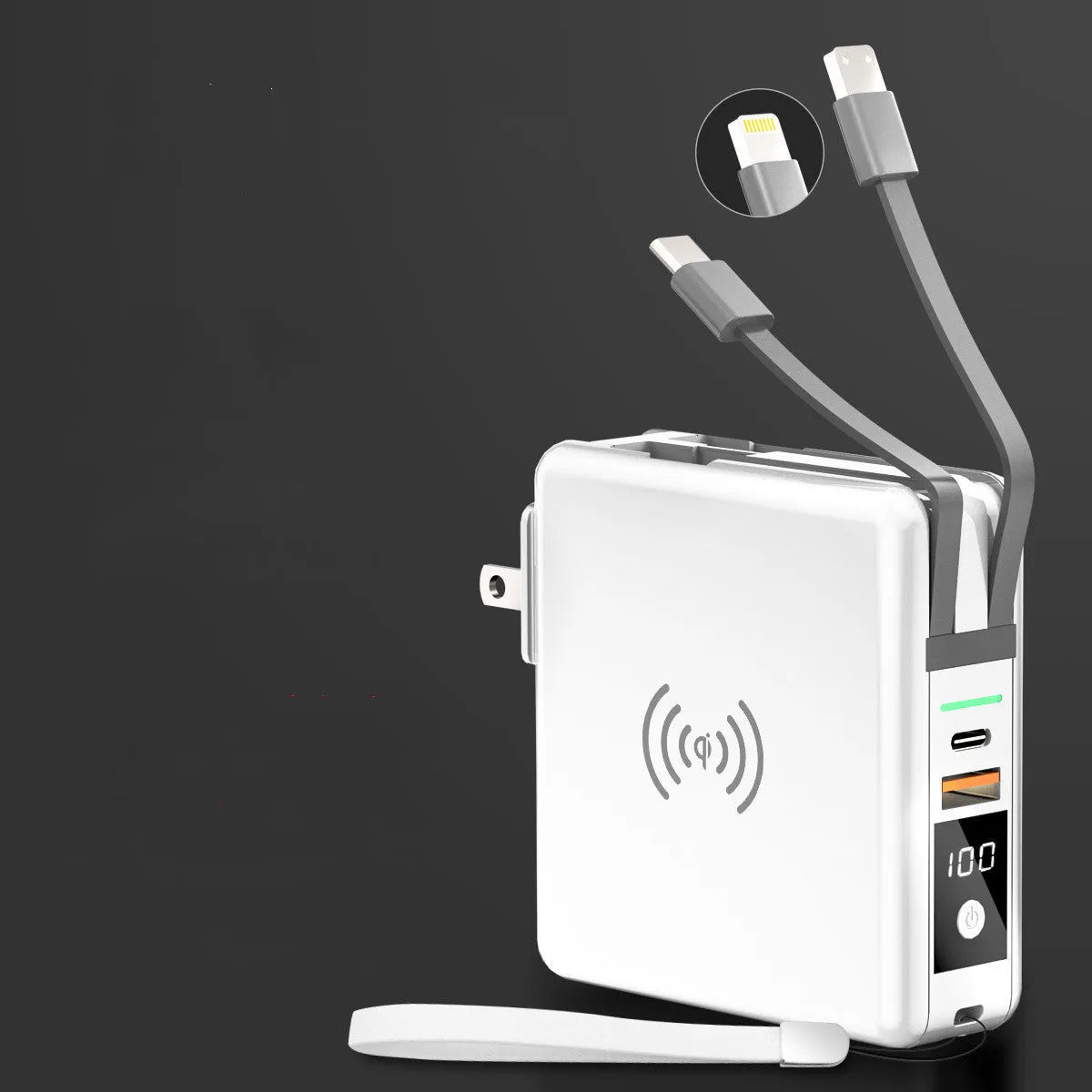 Super QI PD20W fast power bank in black with international travel plug attachments