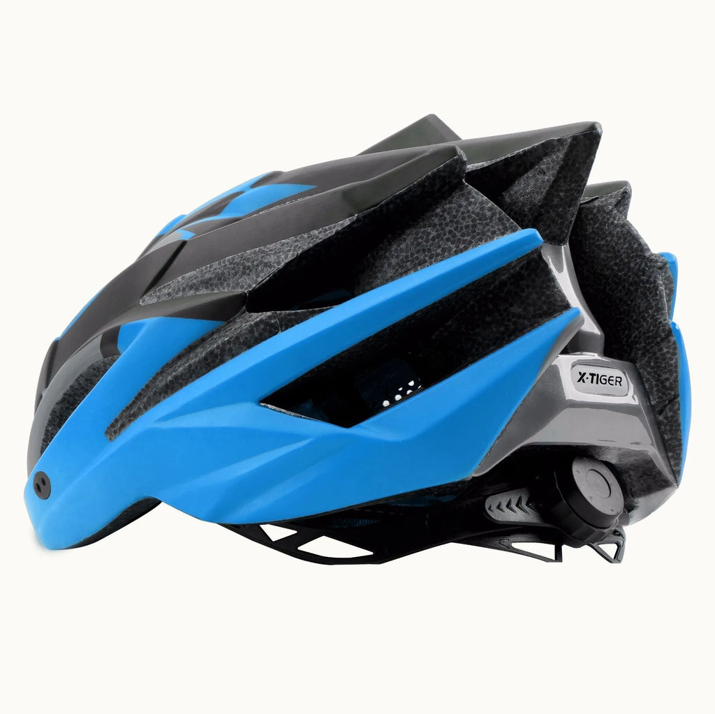 Outdoor riding bicycle helmet in EPS material black and blue colour one size fits most adults