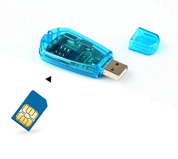 Blue USB 2.0 SIM card reader for mobile phone data backup and management.