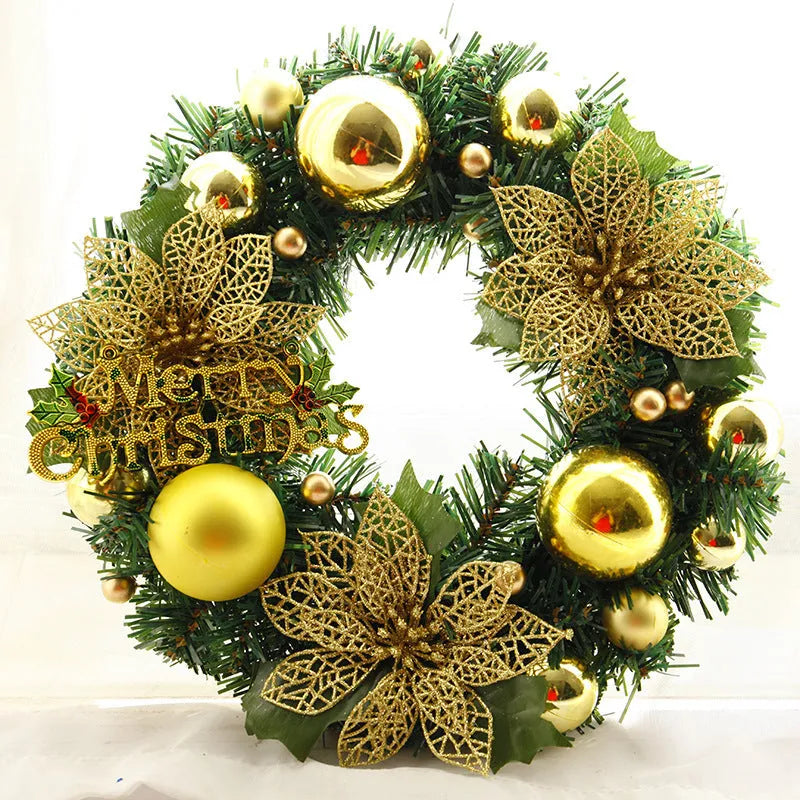 30cm diameter multicolour plastic Christmas wreath decoration showing blue, gold, pink, purple, red, and silver colour options
