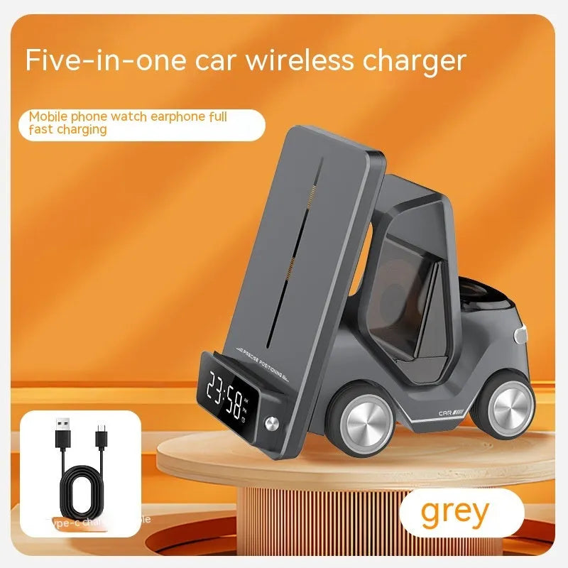 Grey 15W three-in-one wireless charging stand for mobile phones showing its angled design and Type-C port.