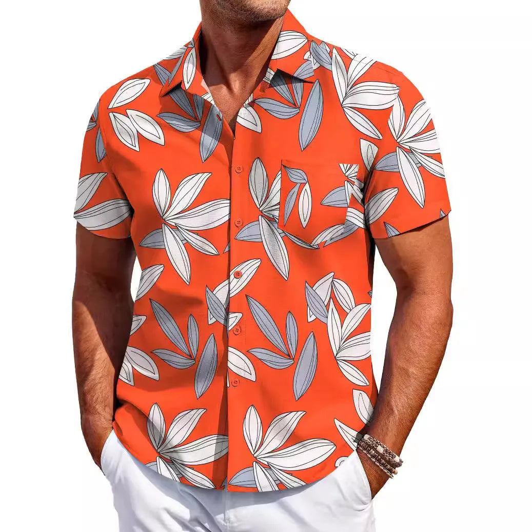Men's slim fit short sleeve Hawaiian shirt in cardigan style, shown in a solid colour.