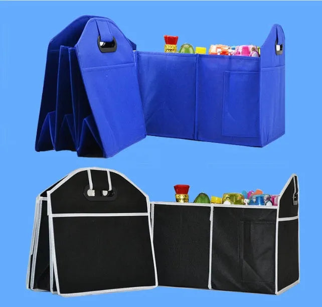Black non-woven car storage box with three compartments and multiple pockets for vehicle organisation