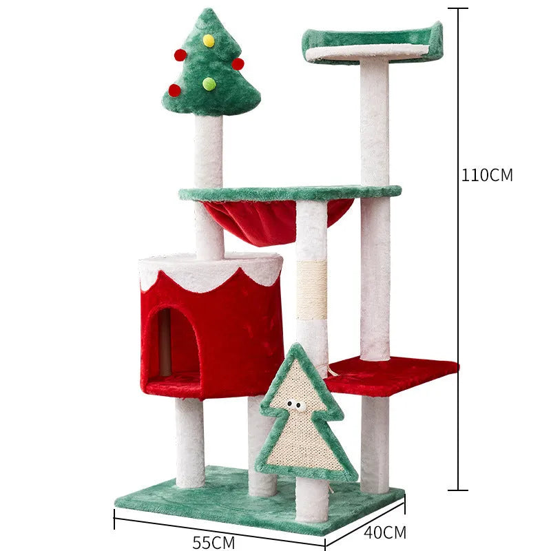 Cat scratch integrated toy with Christmas colours in red, green and white on density plate material