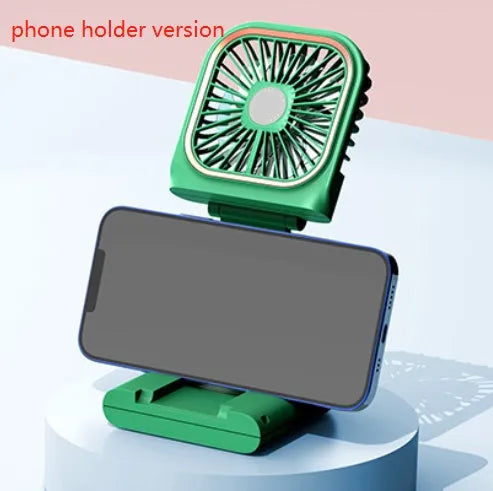 Hands-free wearable neck fan with dual blue cooling blades and USB charging cable.