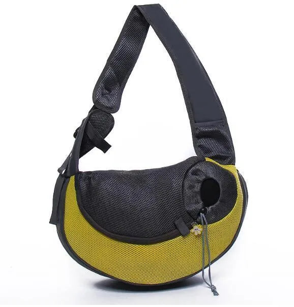 Mesh fabric pet carrier sling with PVC base in seven colours, showing S and L size options