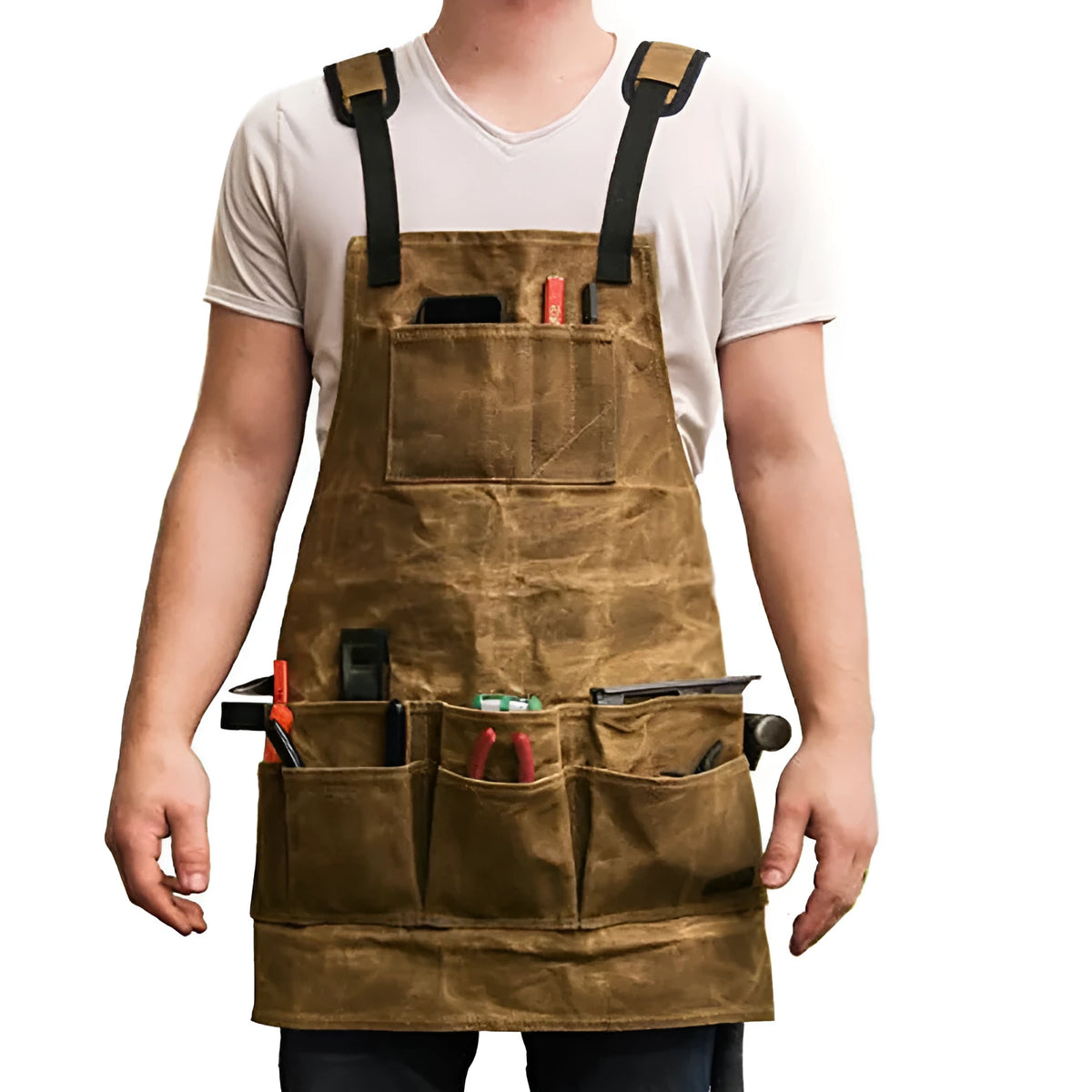 Oil wax canvas multi pocket bib apron with belt in black colour sleeveless waterproof work apron