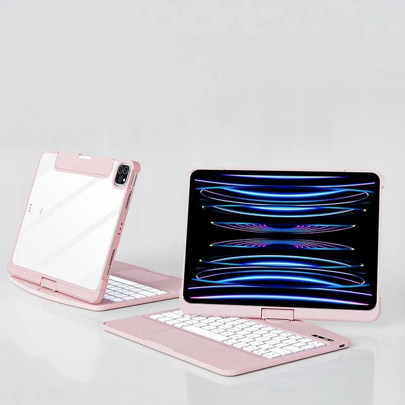 Transparent Bluetooth keyboard case for iPad Pro showing iPad visible through clear back.