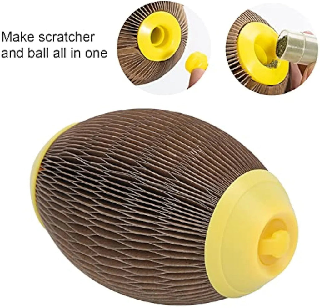 Elliptical corrugated paper catnip ball toy for scratching and play, measuring 65mm by 108mm