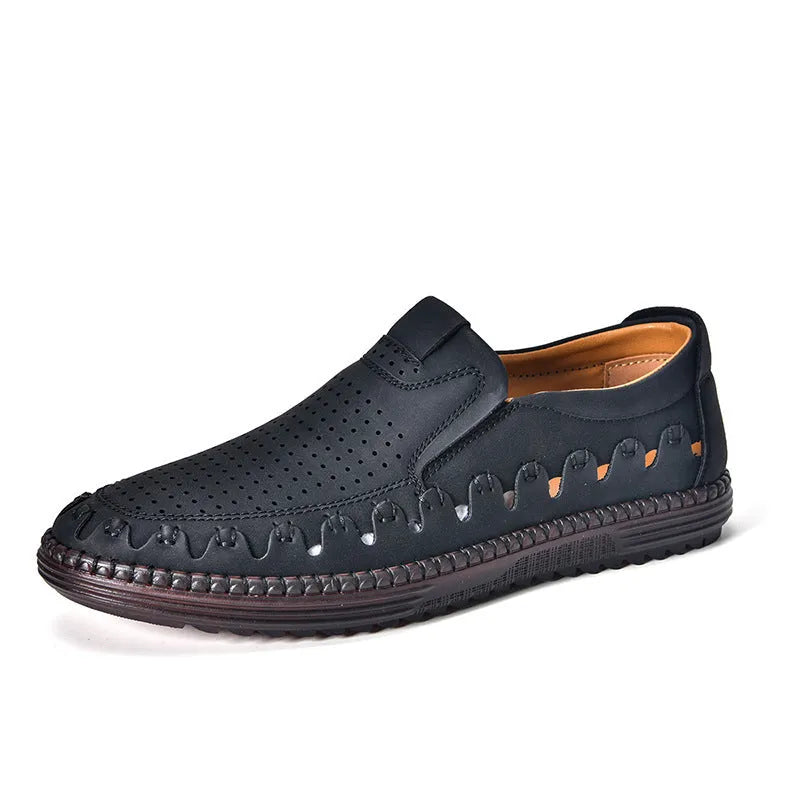 Men's brown slip-on casual shoes with round toe and hollowed-out pattern detailing