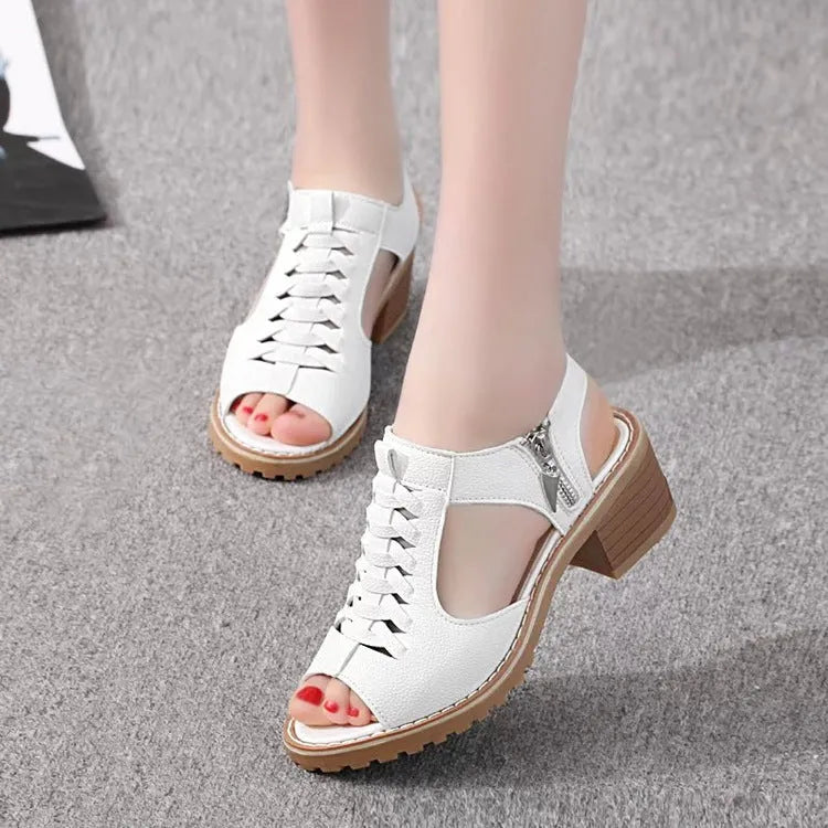 Women's retro sandals with side zipper and beef tendon sole in pure colours