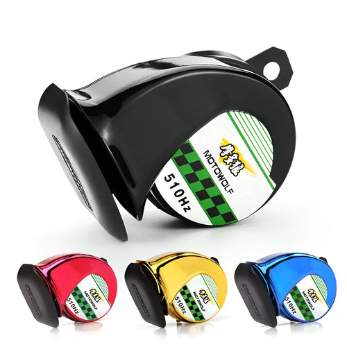 12V car and motorcycle horn with loud 110dB sound output in black ABS plastic
