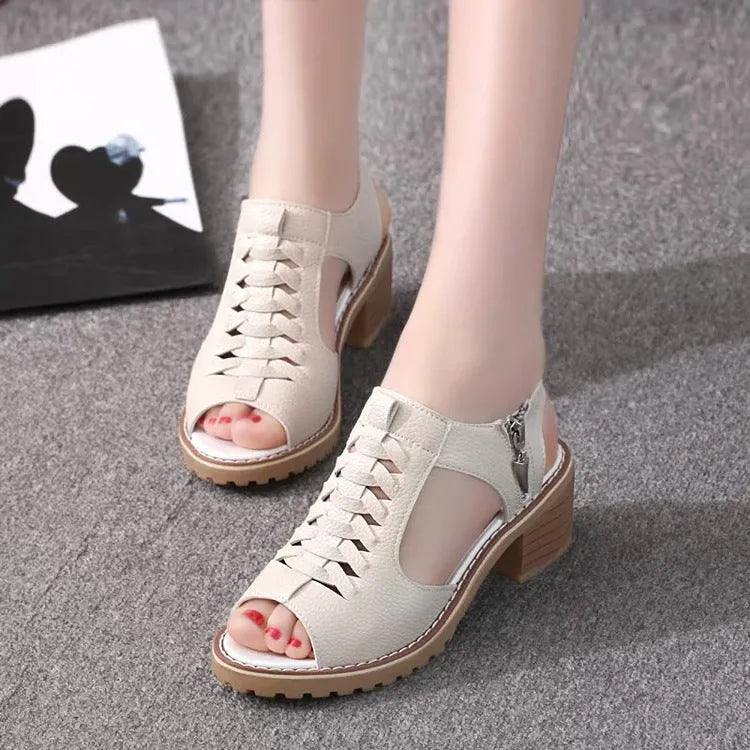 Women's retro sandals with side zipper and beef tendon sole in pure colours