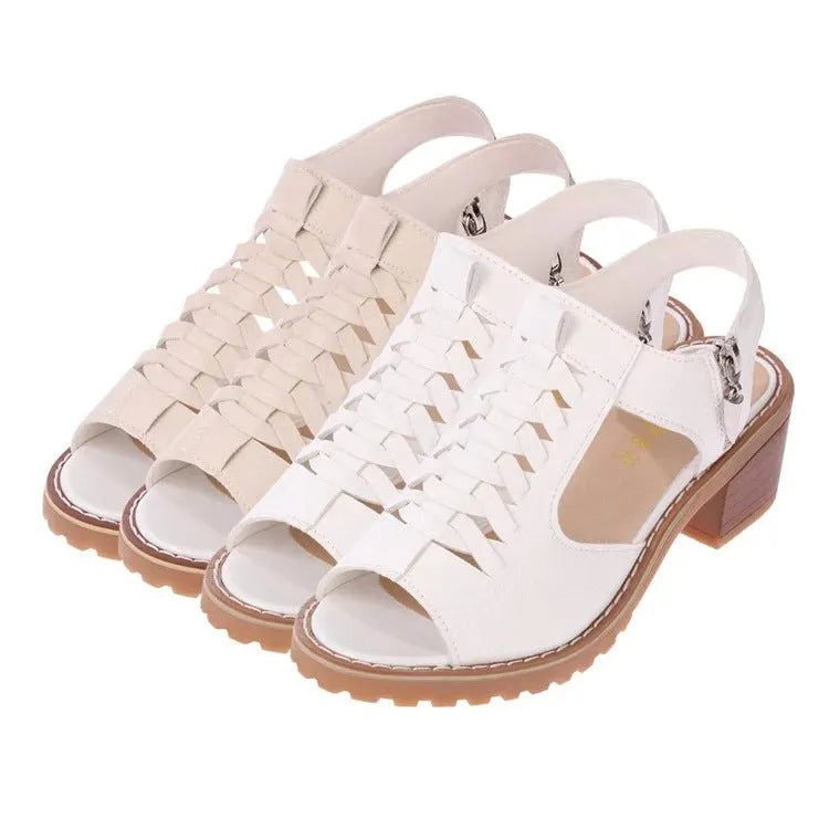 Women's retro sandals with side zipper and beef tendon sole in pure colours