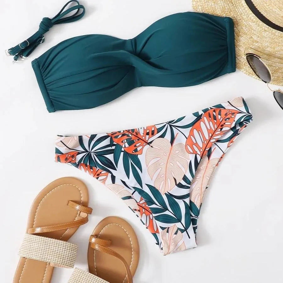 Hard cup push up bikini swimsuit with underwire and matching briefs on a mannequin.