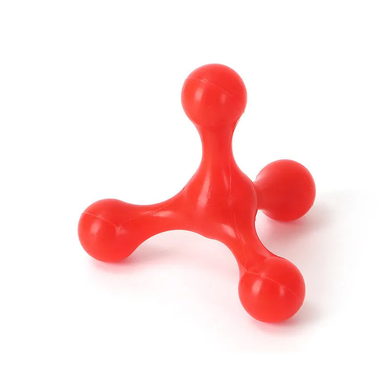 Blue silicone three-legged chew toy for puppies on a white background.