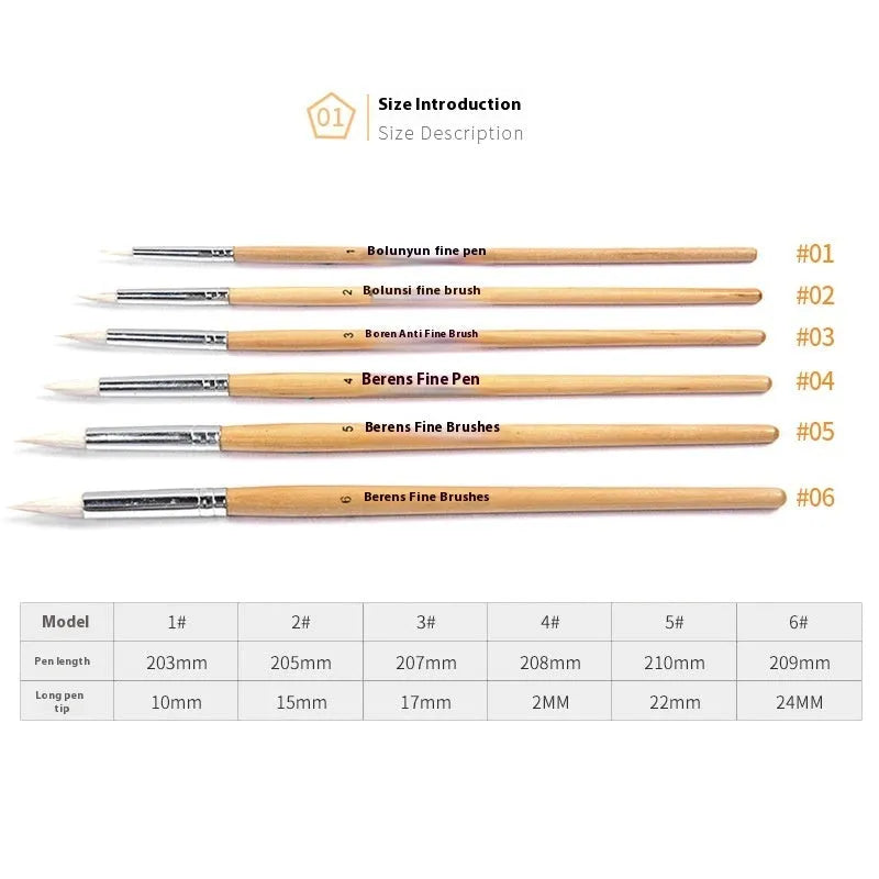 Six wooden hook line pen brushes with wool pointed tips arranged together