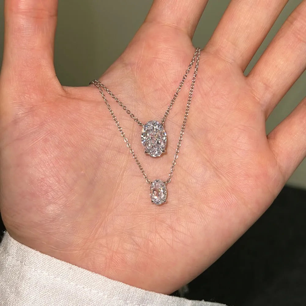 S925 sterling silver necklace with oval ice flower pendant, platinum finish, 9x13mm size, geometric shape