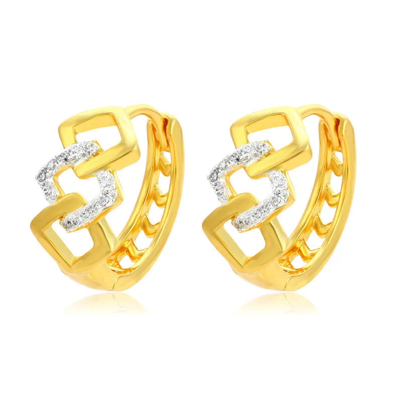 Geometric hollow-out gold electroplated earrings with colour separation design and ear clip fastening