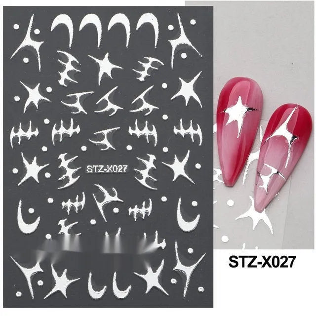 Black and silver stripe nail art sticker with a love pattern design on a plastic sheet.