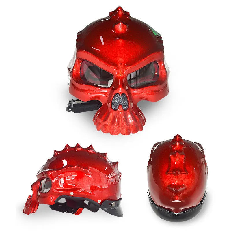 Double-sided changeable skull motorcycle helmet in ABS construction showing colour options