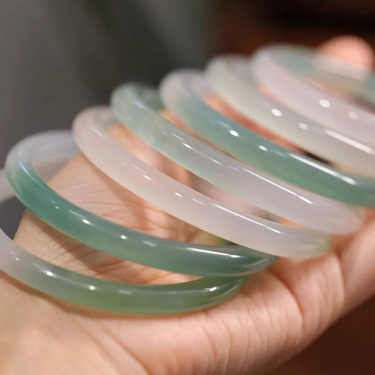 Natural chalcedony jade bead bracelet showing traditional stone jewellery construction with sizing options