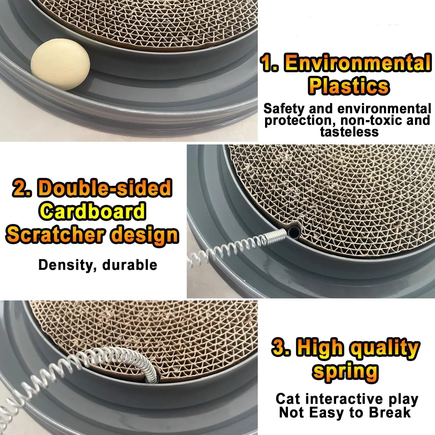 Blue interactive cat scratcher with ball track and replaceable corrugated cardboard scratching pad