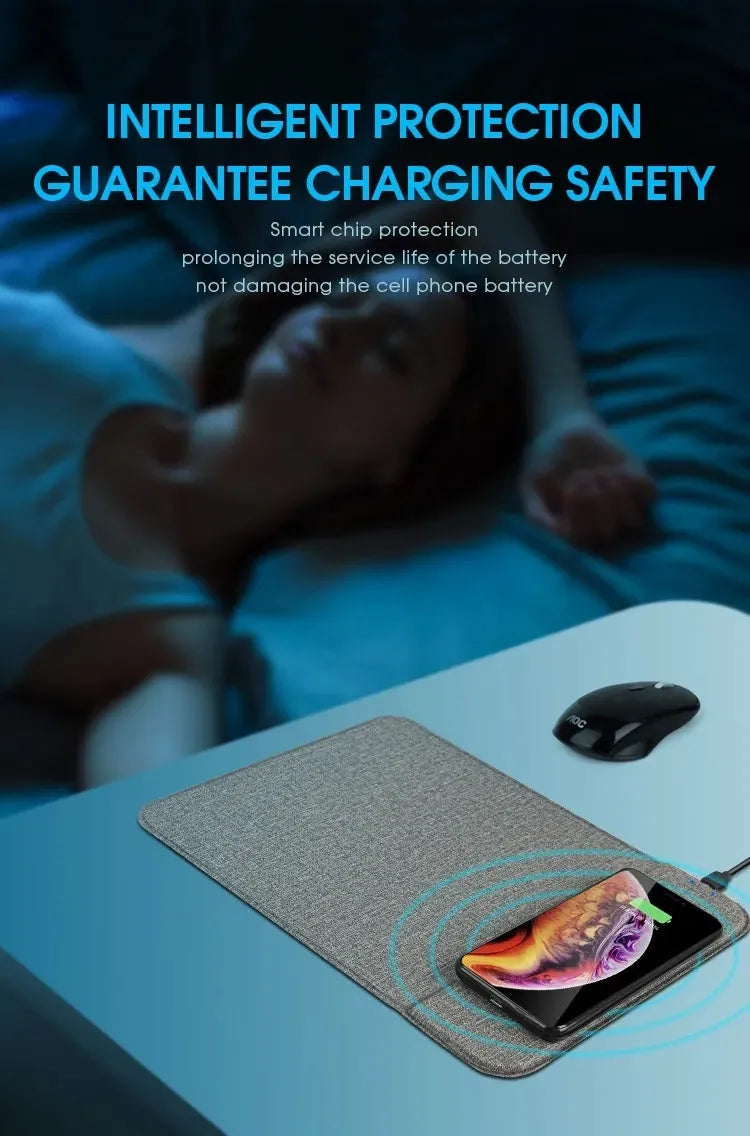 Black foldable cloth phone holder open and showing wireless charging pad.